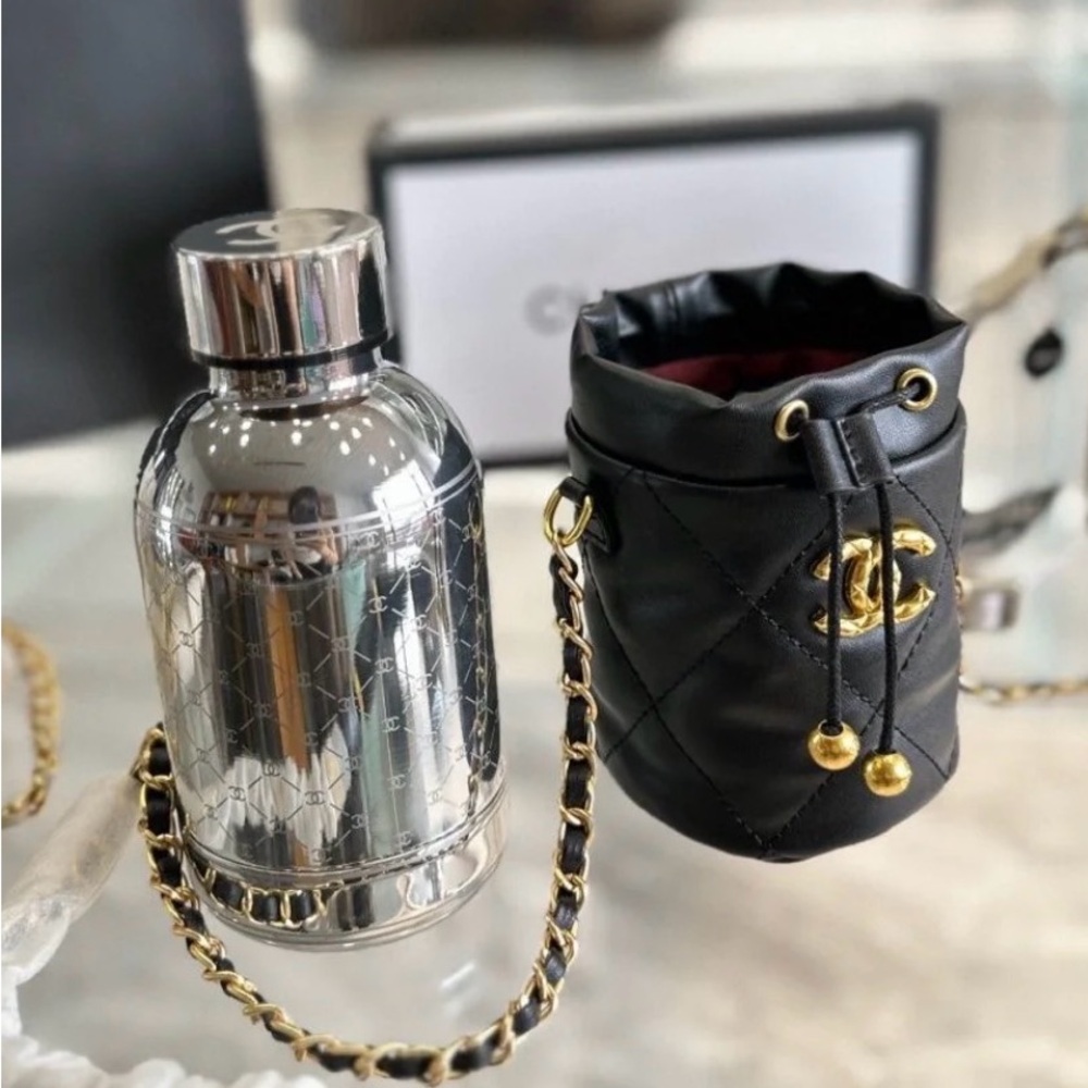 🪩 CC 💦 Mini Stainless Steel Water Bottle & Holder/Bag 🖤🧊🏋🏻♀️
